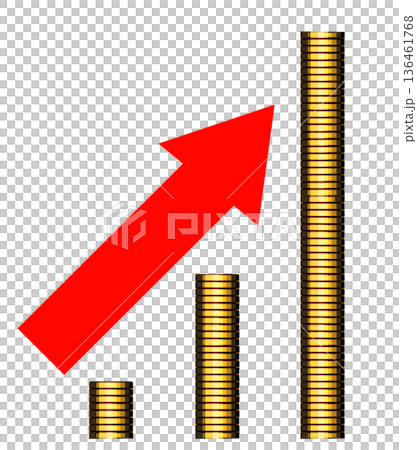 金幣呈上升趨勢堆積，並帶有一個紅色箭頭 136461768