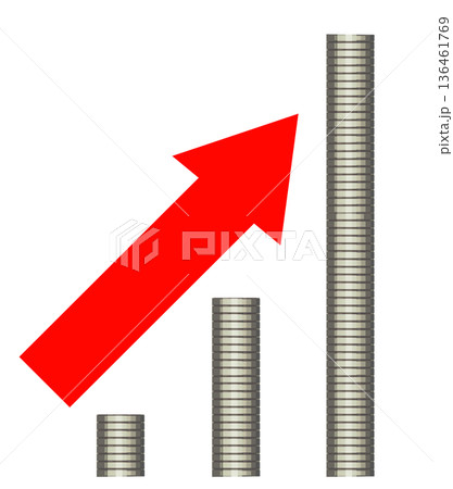 右肩上がりに積み上げられた銀色の硬貨と赤い矢印 136461769