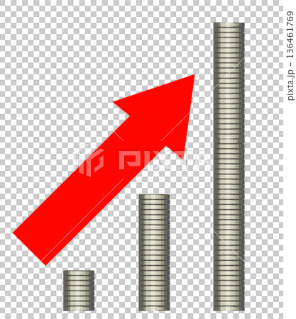 右肩上がりに積み上げられた銀色の硬貨と赤い矢印 136461769