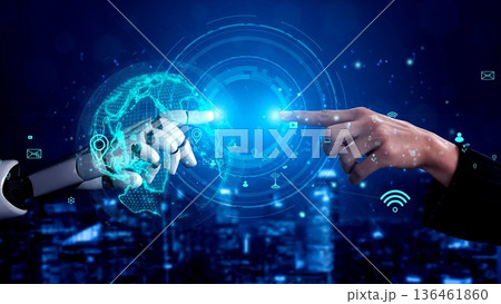 Human Touch and Robotic Arm Interaction, Symbolizing Technology Connection and Future Innovations in Digital Communication and Artificial Intelligence xenic 136461860
