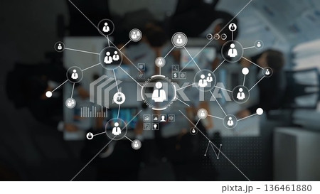 Digital Network Connections Overhead View in Corporate Environment With Business Collaboration and Social Interaction in Office Space Gluon Digital Network Connections Overhead View in Corporate Environment With Business Collaboration and Social Interaction in Office Space Gluon 136461880