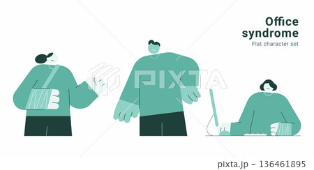 Office syndrome character set with people experiencing pain and injury from computer work. Flat design vector collection for workplace health, ergonomics and wellness concepts. Office syndrome character set with people experiencing pain and injury from computer work. Flat design vector collection for workplace health, ergonomics and wellness concepts. 136461895