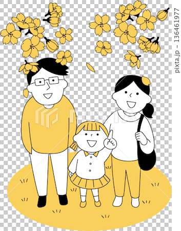 桜を見上げる若い家族単色 136461977