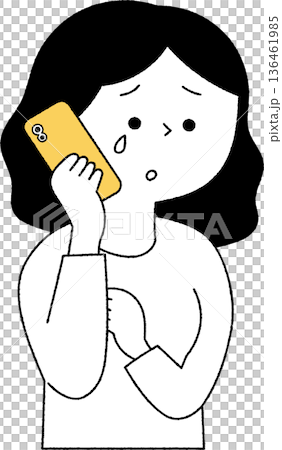 黑白畫面中，一位女子一邊哭泣一邊使用智慧型手機。 136461985