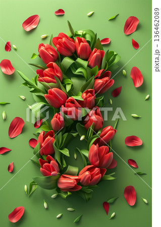 Eight shaped arrangement of red tulip flowers on green background for womens day celebration 136462089