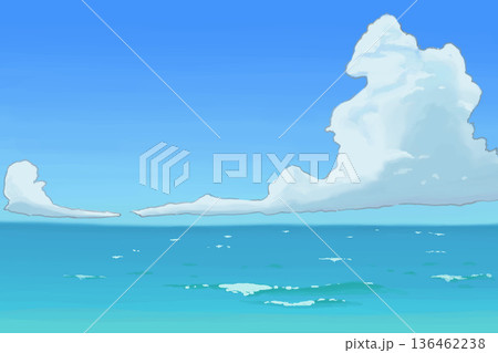 夏の海と入道雲が広がる青空 手描きイラスト 波と雲の線画 136462238