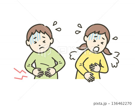 ノロウィルスや食中毒などで腹痛が起こる男の子と嘔吐する女の子 136462270