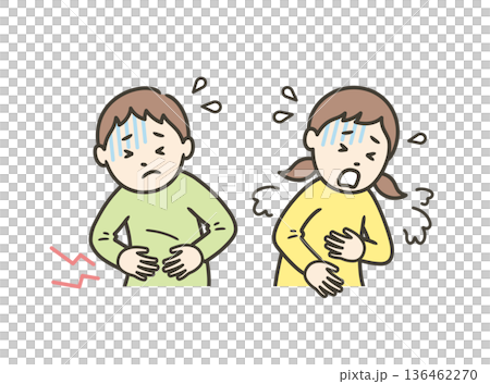 A boy with stomach pain due to norovirus or food poisoning and a girl vomiting 136462270