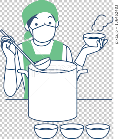 一名男子正從大鍋裡盛食物。 136462483