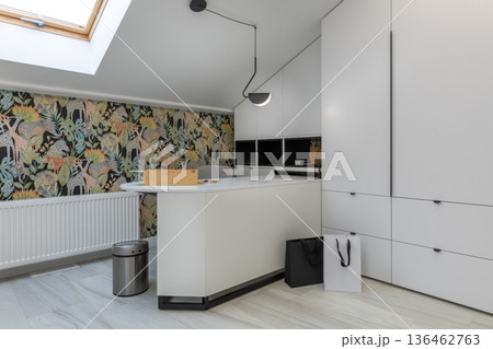 Contemporary Attic Home Office with Minimalist White Furniture Contemporary Attic Home Office with Minimalist White Furniture 136462763