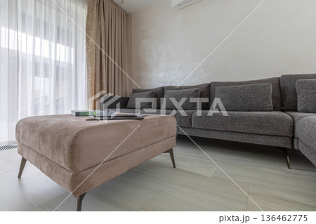 Modern Living Room Interior with Cozy Gray Sofa and Ottoman Modern Living Room Interior with Cozy Gray Sofa and Ottoman 136462775