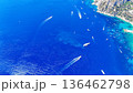 Vibrant blue waters embrace boats as they glide gracefully along stunning coastal shores on a sunny day 136462798