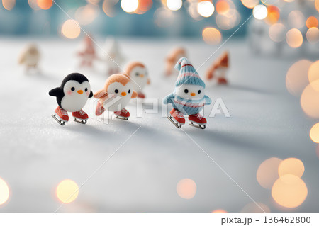 氷上を楽しむペンギンくんのアイススケート風景 136462800