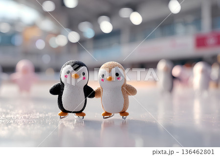 氷上を楽しむペンギンくんのアイススケート風景 氷上を楽しむペンギンくんのアイススケート風景 136462801