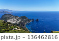 Breathtaking coastal view from a high vantage point overlooking the azure waters of Capri on a sunny day, showcasing boats and rocky formations 136462816