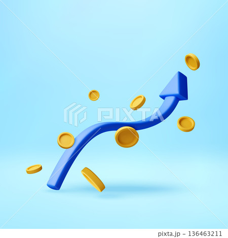 3D Blue wavy arrow and gold coins 3D Blue wavy arrow and gold coins 136463211