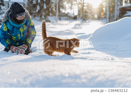 Boy playing wih domestic fluffy ginger cat on snow in countryside 136463212