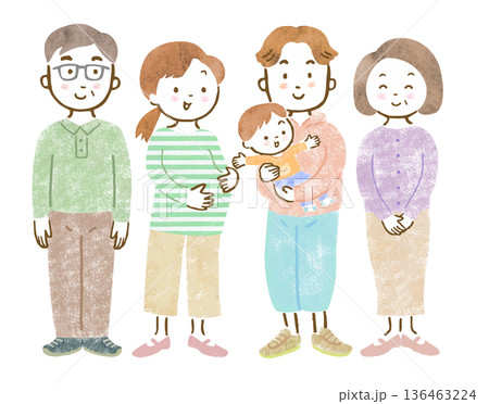 三世代家族のイラスト/妊婦さん夫婦と幼い長男と祖父母 136463224