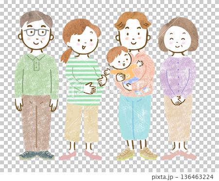 三世代家族のイラスト/妊婦さん夫婦と幼い長男と祖父母 136463224