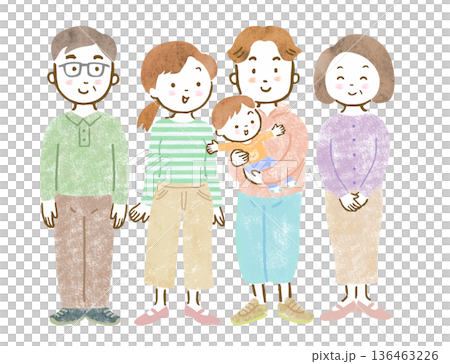 Illustration of a three-generation family: mom and dad holding a baby, grandparents 136463226