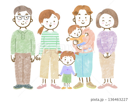 三世代家族のイラスト/赤ちゃんを抱っこするパパとママとお姉ちゃん、祖父母 三世代家族のイラスト/赤ちゃんを抱っこするパパとママとお姉ちゃん、祖父母 136463227