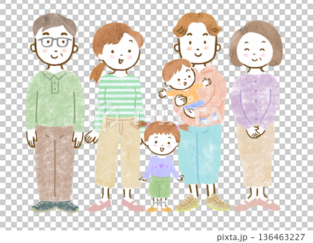 三世代家族のイラスト/赤ちゃんを抱っこするパパとママとお姉ちゃん、祖父母 三世代家族のイラスト/赤ちゃんを抱っこするパパとママとお姉ちゃん、祖父母 136463227