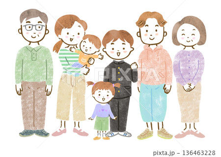 三世代家族のイラスト/赤ちゃんを抱っこするママとパパと学ランを着た長男、幼い長女、祖父母 136463228