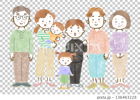 Illustration of a three-generation family: mom and dad holding a baby, eldest son wearing a school uniform, young eldest daughter, and grandparents Illustration of a three-generation family: mom and dad holding a baby, eldest son wearing a school uniform, young eldest daughter, and grandparents 136463228