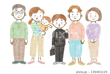 三世代家族のイラスト/赤ちゃんを抱っこするママとパパと学ランを着た長男、祖父母 三世代家族のイラスト/赤ちゃんを抱っこするママとパパと学ランを着た長男、祖父母 136463229