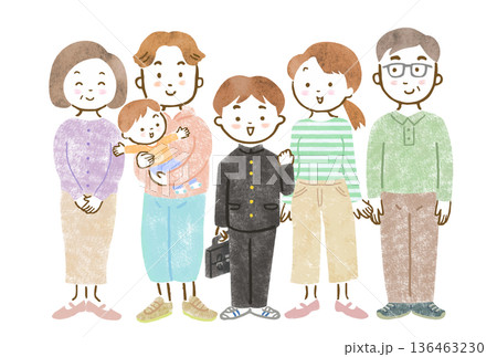 三世代家族のイラスト/赤ちゃんを抱っこするパパとママと学ランを着た兄、祖父母 三世代家族のイラスト/赤ちゃんを抱っこするパパとママと学ランを着た兄、祖父母 136463230