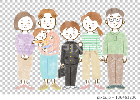 三世代家族のイラスト/赤ちゃんを抱っこするパパとママと学ランを着た兄、祖父母 三世代家族のイラスト/赤ちゃんを抱っこするパパとママと学ランを着た兄、祖父母 136463230