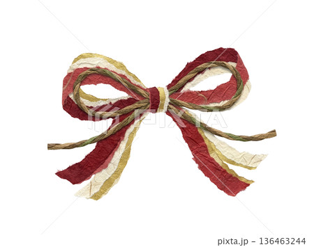 赤と金の和紙リボン飾り 切り抜き素材 白背景 136463244