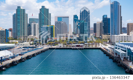 San Diego, California, USA - May 17, 2019: San Diego Bay with skyscraper. Harbor At California In San Diego. Coast city. Aerial cityscape of bay with building and ocean. Skyline and cityscape San Diego, California, USA - May 17, 2019: San Diego Bay with skyscraper. Harbor At California In San Diego. Coast city. Aerial cityscape of bay with building and ocean. Skyline and cityscape 136463347