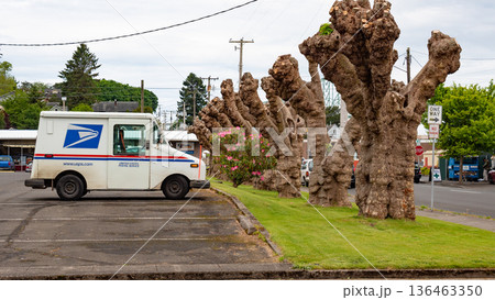 Astoria, Oregon, USA - May 21, 2019: USPS mail truck. USPS mail delivery truck or lorry. Mail delivery postal truck parked outdoor, USPS lorry, side view Astoria, Oregon, USA - May 21, 2019: USPS mail truck. USPS mail delivery truck or lorry. Mail delivery postal truck parked outdoor, USPS lorry, side view 136463350