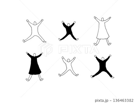 両手を広げてジャンプする人物のラフでゆるい手描きイラストセット 両手を広げてジャンプする人物のラフでゆるい手描きイラストセット 136463382