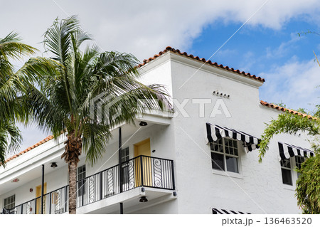 Art deco. Architectural district Art Deco. Modern building of Miami beach. Ocean drive. Miami Beach in Ocean Drive Florida. Art Deco building architecture. Minimalist architectural style Art deco. Architectural district Art Deco. Modern building of Miami beach. Ocean drive. Miami Beach in Ocean Drive Florida. Art Deco building architecture. Minimalist architectural style 136463520