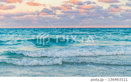 Sea horizon view. Cloudy sky and seascape at summer vacation. Skyscape with sea horizon. Calm horizon view at sea sunrise. Romantic summer vacation sunrise on seascape. Distant sea horizon 136463521