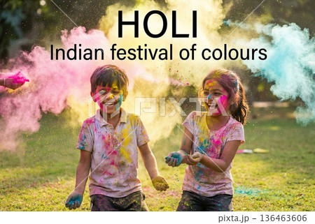 Holi Festival of colours in India. children throwing colored powder into the air 136463606