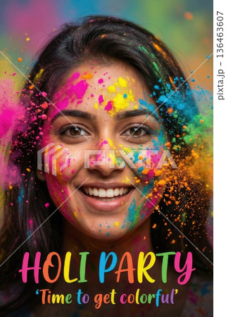 Holi Festival in India. Time to get coloured paty invitation. Yoing woman portrait paintd with vibrant colours Holi Festival in India. Time to get coloured paty invitation. Yoing woman portrait paintd with vibrant colours 136463607