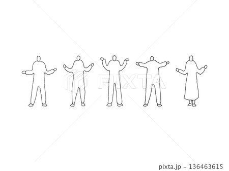 やれやれと呆れる人物のラフな手描きイラストセット（線画） 136463615