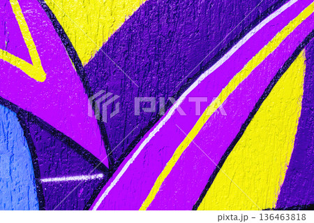 Abstract Purple Yellow Blue Urban Graffiti with Sharp Geometric Shapes for 90s Street Style 136463818