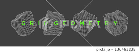 Set of distorted wireframe cube shapes with organic, fluid mesh design. Mathematical mesh shapes for futuristic tech design, science and digital projects. 136463839