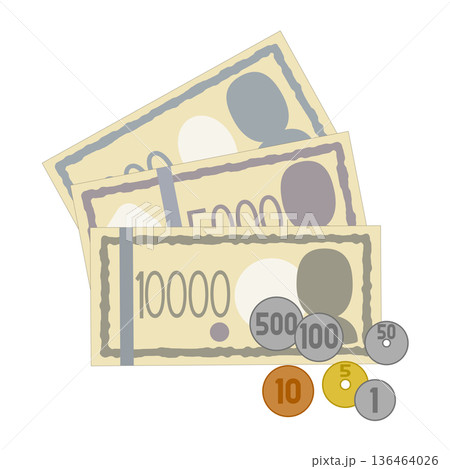 シンプルでかわいい日本円・紙幣と硬貨のセットイラスト 136464026