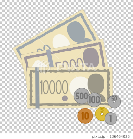 シンプルでかわいい日本円・紙幣と硬貨のセットイラスト 136464026
