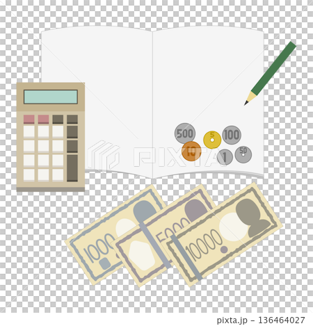計算器、筆記本和現金（紙幣和硬幣）的圖片素材 136464027