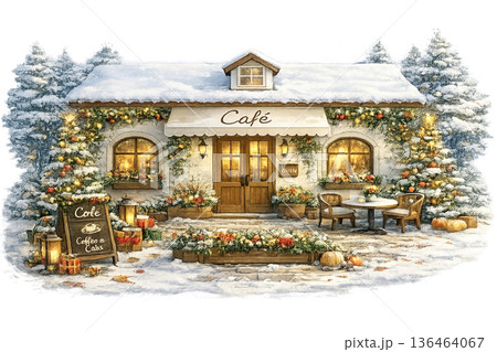 冬のカフェ外観イラスト 136464067