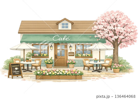 春のカフェ外観イラスト 136464068