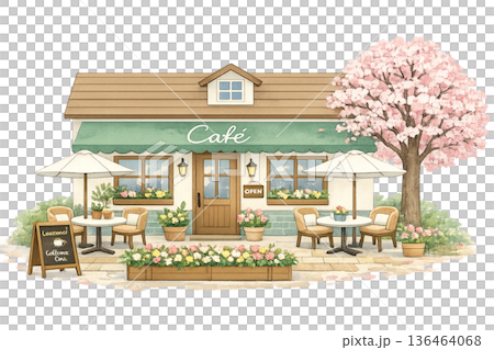 春のカフェ外観イラスト 136464068