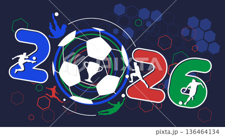 Futuristic soccer background with abstract geometric patterns and dynamic lines, Football tournament championship 2026, Vector illustration, Flat design. 136464134