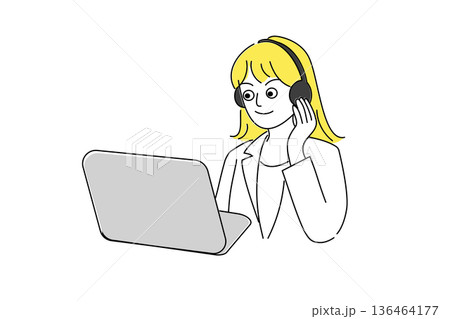 業務対応をするコールセンター女性の線画 136464177